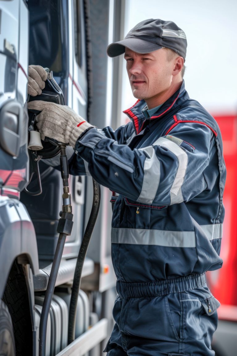 Truck driver fueling the truck, holding a fuel pump, wearing a work uniform and gloves, standing at the fuel tank, Portrait half-body, hyper-realistic, high detail,