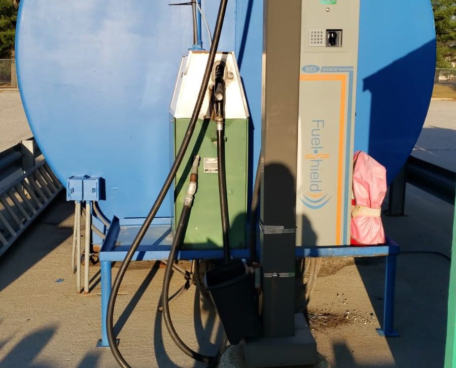 Fuel Shield - Fuel Management System - Pedestal next to blue fuel tank - SCI Global LLC