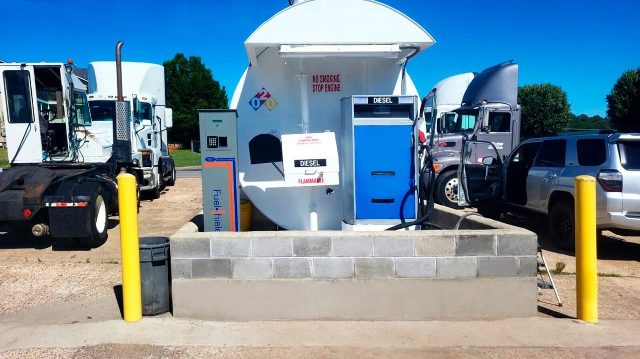 Fuel Shield - Fuel Management System - Pedestal in front of the fuel tank and the the blue pump - SCI Global LLC