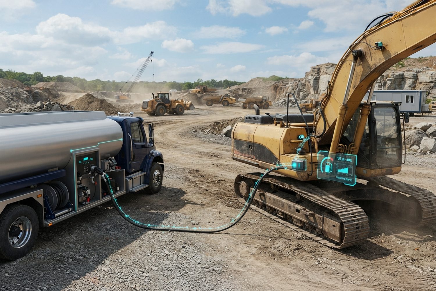 Fuel truck refueling an excavator with automated dispensing and reconciliation data