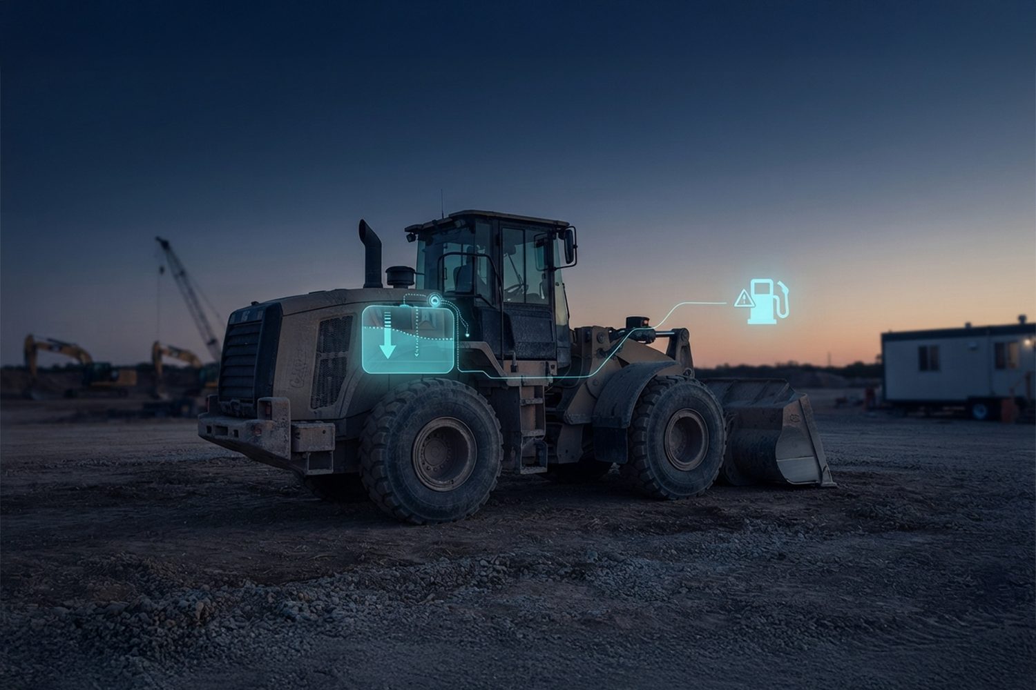 Wheel loader parked at night with a real-time alert for a sudden fuel level drop