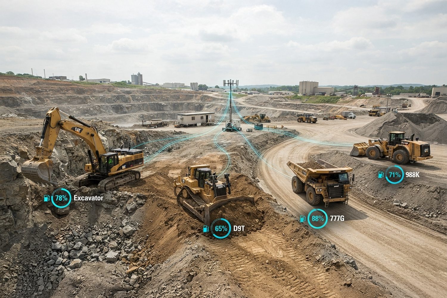 Excavator, dozer and haul trucks on a mining site showing live fuel levels from a fuel management system