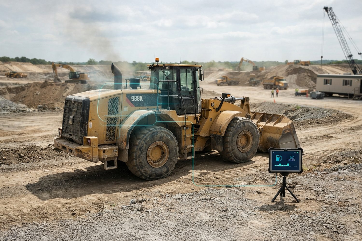 Idling wheel loader on a construction site next to a fuel monitoring display