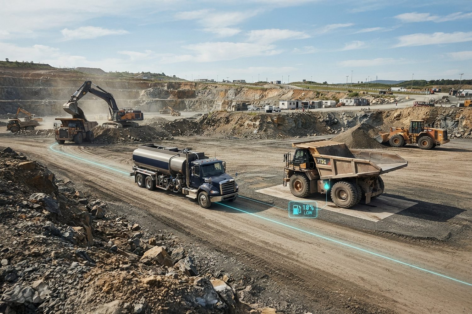 Fuel truck routed to a haul truck with a low fuel alert on a mining site