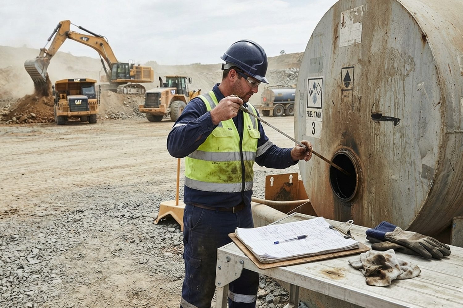 Worker checking a fuel tank with a dipstick and logging readings by hand on a mining site